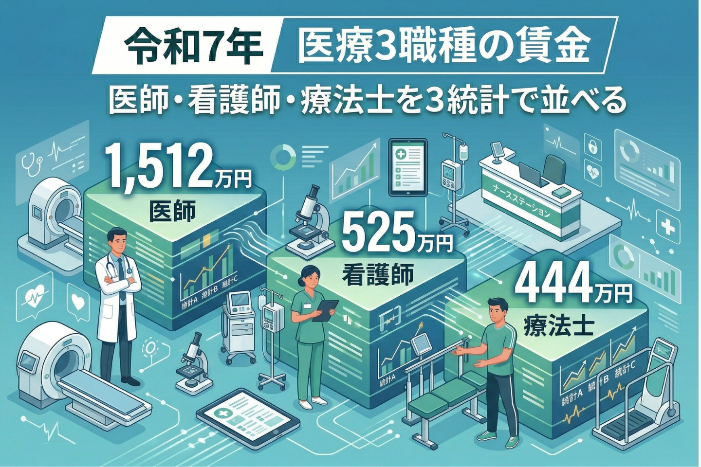 医師1,512万円・看護師525万円・療法士444万円──令和7年、医療3職種の賃金を3統計で並べる