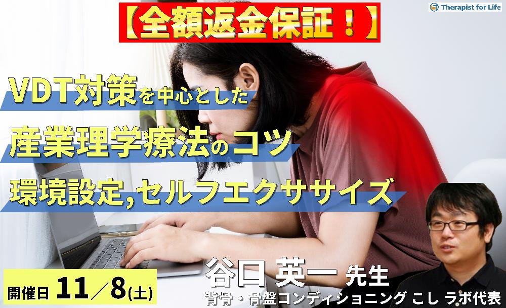【全額返金保証付き】VDT対策を中心とした産業理学療法のコツ～腰痛、肩こり、自律神経の影響と環境設定・セルフエクササイズの実際～　講師：谷口英一先生